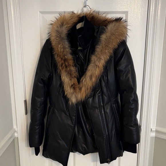 Mackage Black Leather Puffer Jacket with Brown Real Fur Trim - Picture 1 of 12